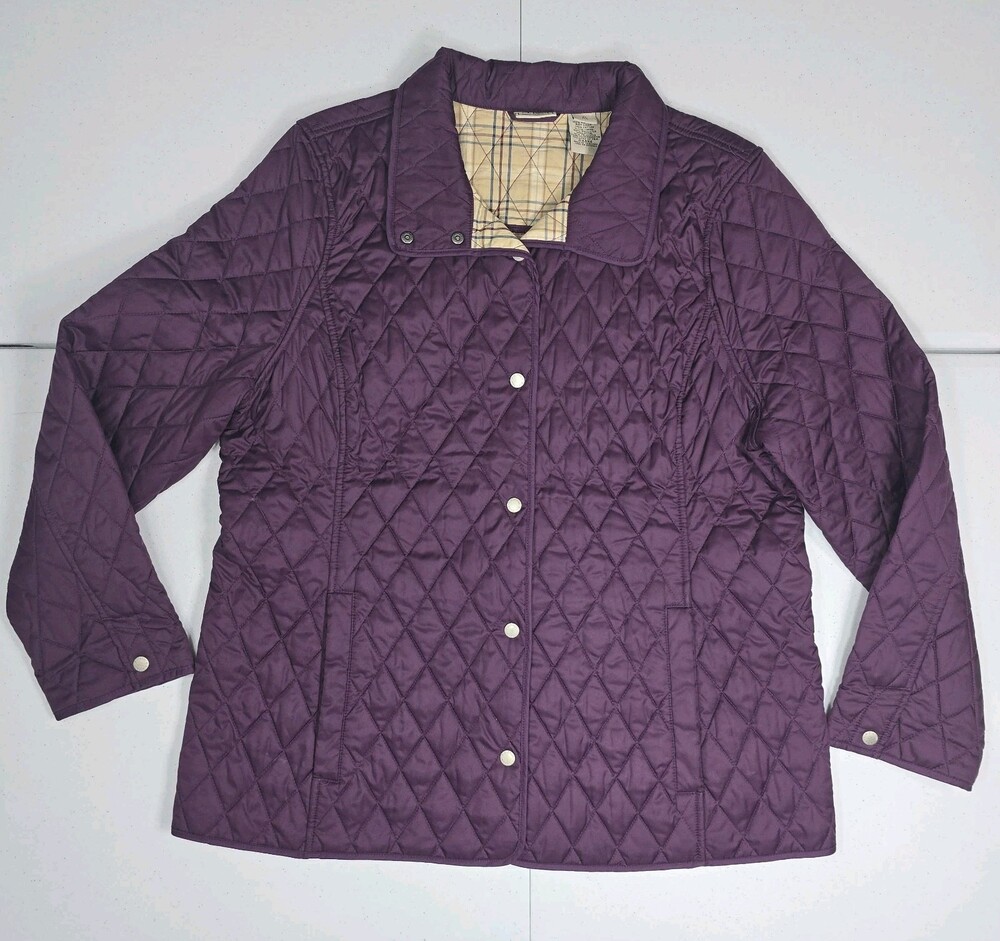 L.L. Bean Women XL R Purple Quilted Button Up Riding Jacket Plaid Lining